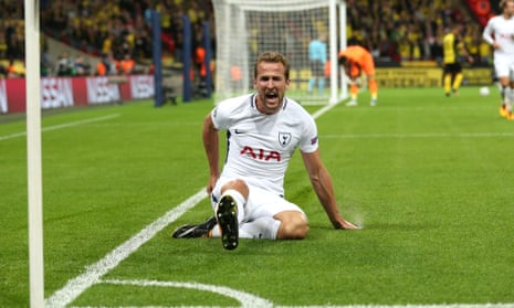 Harry Kane celebrates the first of his two goals against Borussia Dortmund on what could prove a pivotal night for Tottenham at Wembley.
