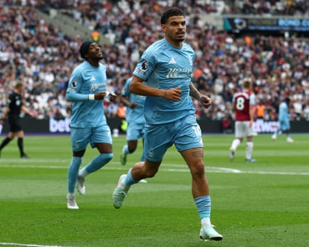 Morgan Gibbs-White celebrates scoring in the Premier League match between West Ham and Nottingham Forest
