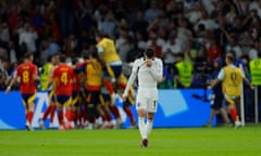 England's Phil Foden looks dejected after Spain scored their second goal