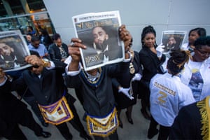 Masons attend the memorial for Nipsey Hussle in Los Angeles.