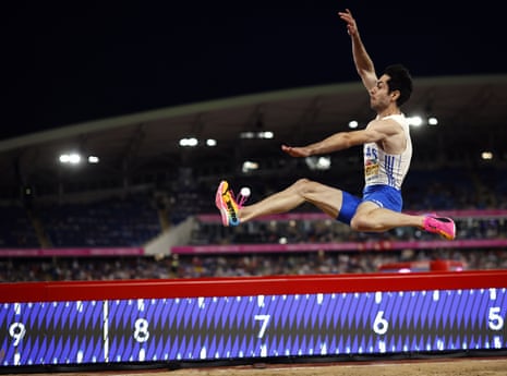 Miltiadis Tentoglou of Greece competes in the men's long jump final.