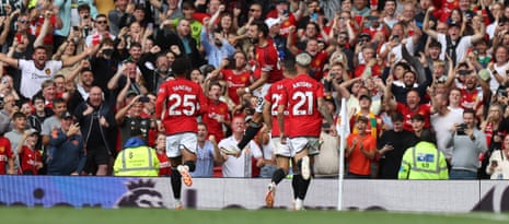 Bruno Fernandes of Manchester United celebrates scoring their third goal during the Premier League match between Manchester United and Nottingham Forest at Old Trafford.