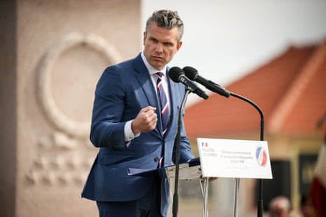 U.S. Defense Secretary Pete Hegseth delivers a speech during the international ceremony commemorating the 81st anniversary of the D-Day landings, Friday, June 6, 2025 on Utah Beach, Normandy.