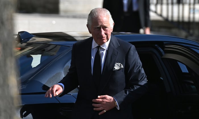 King Charles III arrives for a service of reflection in memory of Queen Elizabeth II at St Anne's Cathedral in Belfast, Northern Ireland.