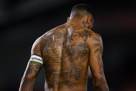 30 March 2024A detailed view of the tattoos on the back of Ivan Toney after the match against Manchester United at Brentford Community Stadium. It ended 1-1.
