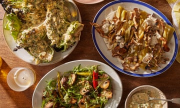 Flame-grilled whoppers (l to r): hispi in vinaigrette, mushrooms with pesto, leeks with pecorino sauce.