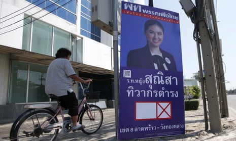 An election poster in Bangkok for Sunisa Tiwakorndamrong, a candidate for Pheu Thai, one of the parties that could be affected by new social media restrictions.