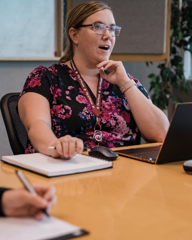 Mary Wright, a climate scientist and data specialist with the Office of Heat Response and Mitigation, at city hall.
