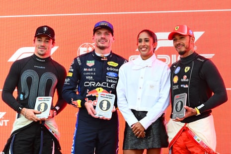 Max Verstappen with Charles Leclerc (left) and Lewis Hamilton (right) after an eventful sprint race.