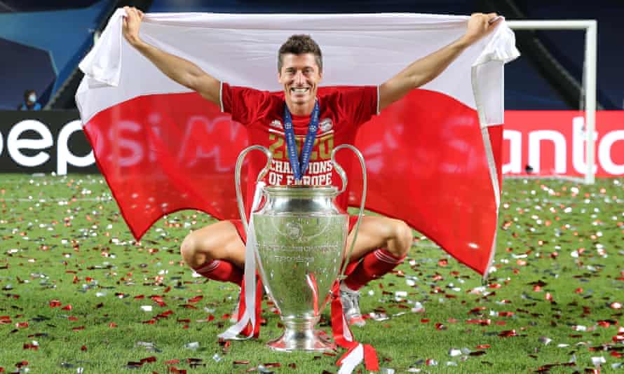 Robert Lewandowski celebrates with the European Cup after Bayern Munich’s victory against PSG in the 2020 Champions League final