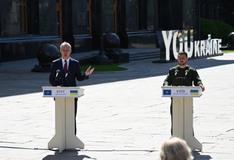 Ukrainian president Volodymyr Zelenskiy (R) and Nato secretary general Jens Stoltenberg (L) attend a joint press conference after their meeting in Kyiv on Monday.