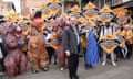 The Liberal Democrat leader Ed Davey stands in front of Tory 'dinosaurs' at a rally in Winchester on Friday.