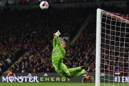 Sheffield United’s goalkeeper Dean Henderson makes a save during the Premier League match against Arsenal at Bramall Lane.