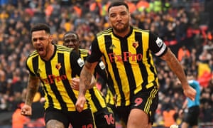 Troy Deeney celebrates his equaliser from the penalty spot against Wolves in the FA Cup semi-final at Wembley.