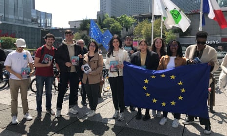Campaigners supporting Valérie Hayer and Emmanuel Macron near the Eras tour venue