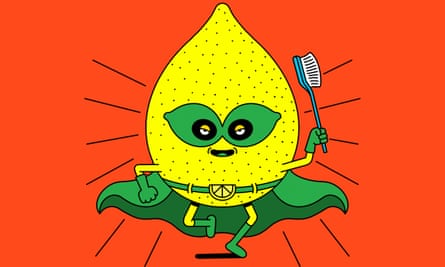 A lemon dressed as a caped superhero, carrying a scrubbing brush.