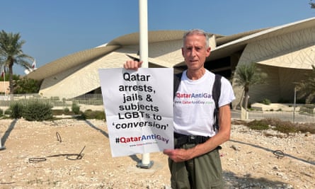 Peter Tatchell staging an LGBTQ+ rights protest outside the National Museum in Doha, Qatar, 25 October 2022.