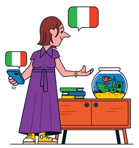 Ilustración de una mujer aprendiendo una frase extranjera