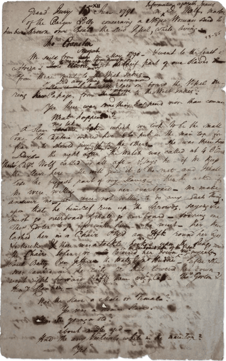 The account of John Cranston, a crew member who described a horrific incident during the ship’s voyage from Africa to the West Indies in 1791.