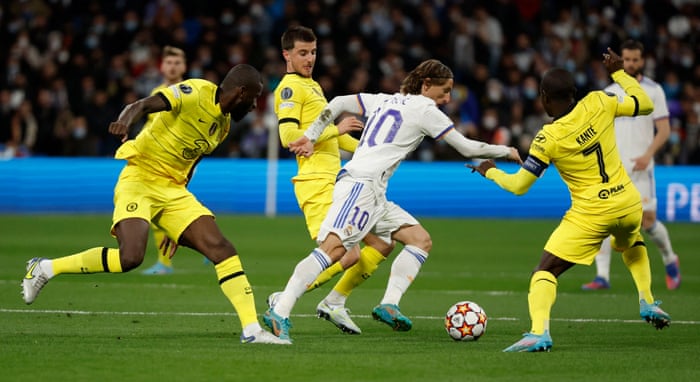 Real Madrid’s Luka Modric (centre right) causing problems for Chelsea’s Antonio Rudiger (left), Mason Mount (centre left) and N’Golo Kante.