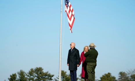 Joe and Jill Biden participate in a wreath ceremony at the National Memorial Arch at Valley Forge National Historic Park in Valley Forge, Pennsylvania today.