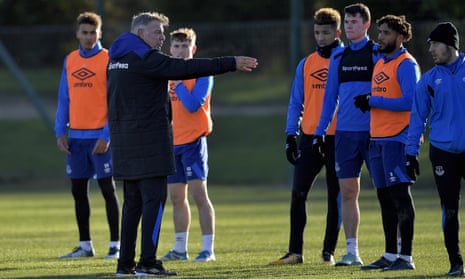 Everton’s new manager Sam Allardyce passes on advice to his players during Friday’s training session at Finch Farm.