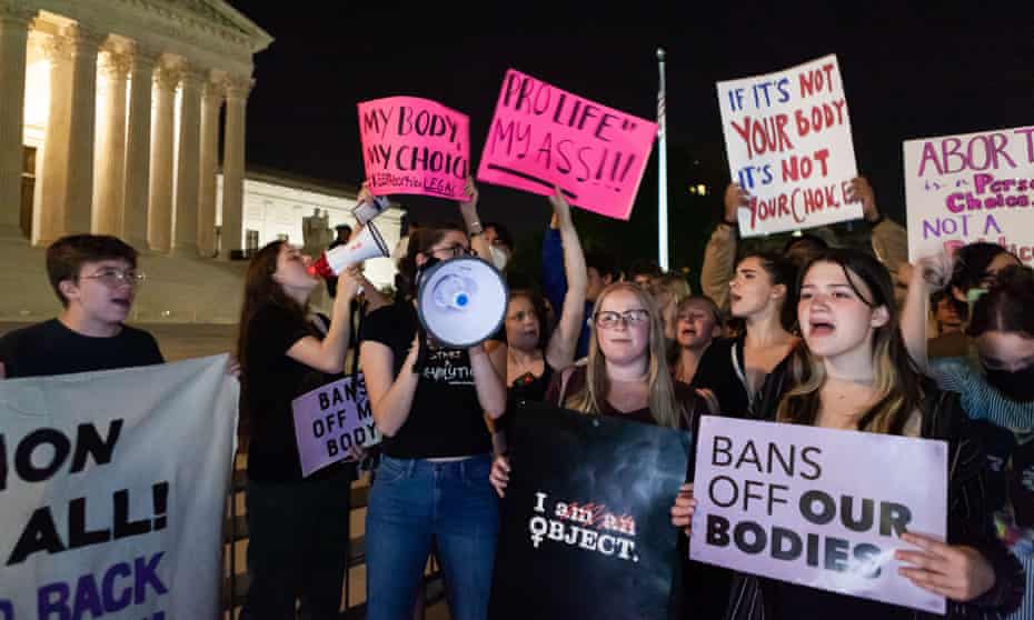 Pro-choice activists rally at the US supreme court after reports it had voted to overturn Roe v Wade.