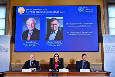 Committee members John Hassler, Chair of the Nobel Committee Ellen Moons, and committee member Timo Boppart announcing the laureates of the Sveriges Riksbank Prize in Economic Sciences in Memory of Alfred Nobel.