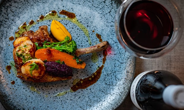 chop with fancy veg and glass of wine
