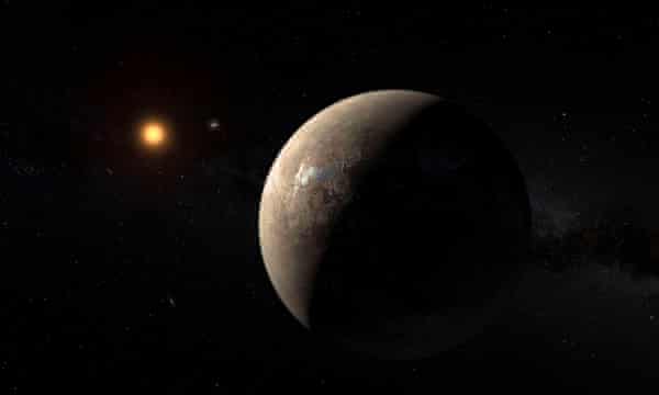 Een artist's impression van de planeet Proxima b die rond de rode dwergster Proxima Centauri draait, de ster die het dichtst bij het zonnestelsel staat.