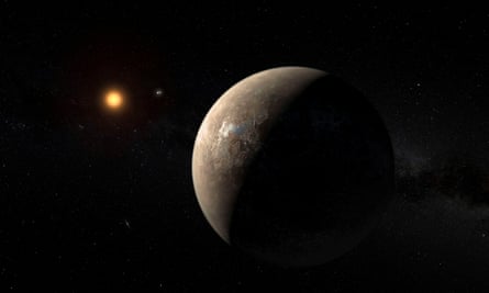 An artist’s impression of the planet Proxima b orbiting the red dwarf star Proxima Centauri, the closest star to the solar system.