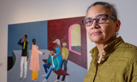 Turner Prize winner, Lubaina Himid, with her art piece, Le Rodeur: The Exchange, 20016, at the Ferens Art Gallery in Hull.