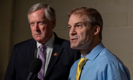 Jim Jordan, right, and Mark Meadows, who both launched the Freedom Caucus, on Capitol Hill in October 2019.