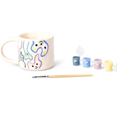 200ml Flying Tiger DIY mug next to six small pots of paint.