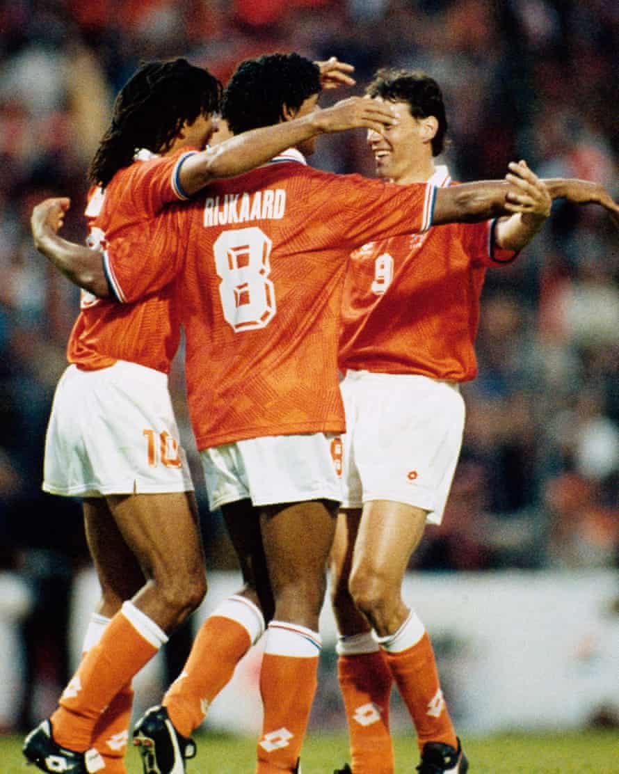 Ruud Gullit, Frank Rijkaard and Marco van Basten celebrate the Netherlands’ win over Germany in June 1992.