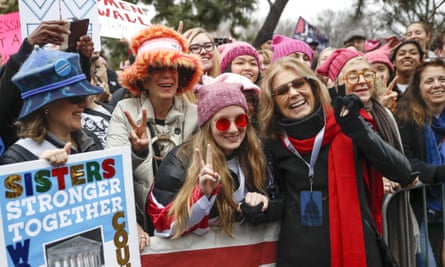 Gloria Steinem greets protesters before speaking at the Women’s March on Washington.