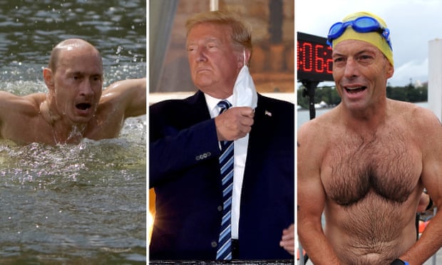 L: Russian president Vladimir Putin swimming in an icy lake, M: US president Donald Trump removing his mask after testing positive for Covid-19 and returning to the White House regardless, R: former Australian prime minister Tony Abbott after a charity swim
