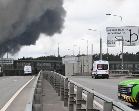 Black smoke billows from the area of Gazprom Neftâs Moscow oil refinery, located on the southeastern outskirts of Moscow, Russia.