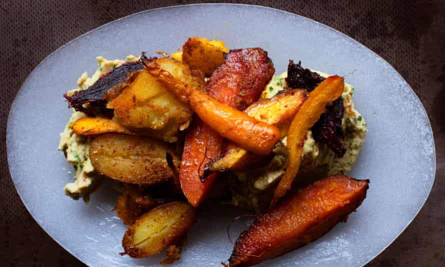 Roast spiced roots with haricot mash