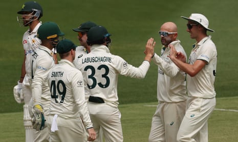 Nathan Lyon of Australia celebrates Test wicket No 499 – Aamer Jamal for 10.