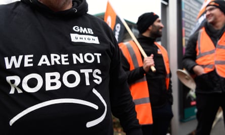 Amazon workers protest the company’s working conditions in Milton Keynes, England.