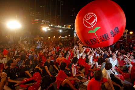 Supporters of the League of Social Democrats play with a balloon during a campaign rally in Hong Kong in 2008.