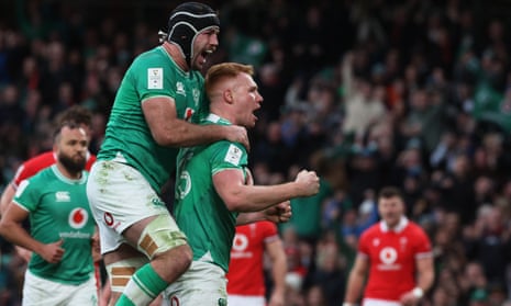 Ireland's Ciaran Frawley celebrates scoring their third try.