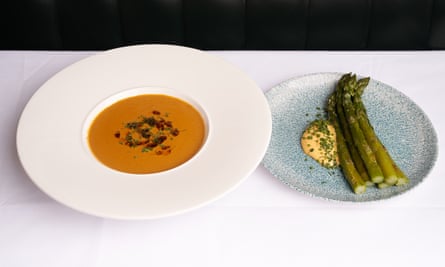 ‘Boasting rich tones of Havana cigar’: smoked mussel soup, and asparagus with crab hollandaise.