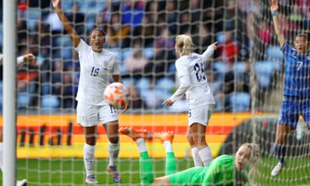 England’s Jess Carter reacts after Italy score a controversial equaliser.