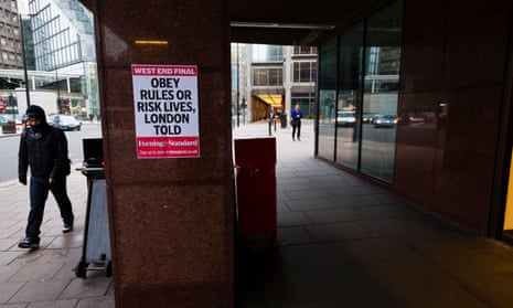 A newspaper poster reading ‘Obey rules or risk lives, London told’