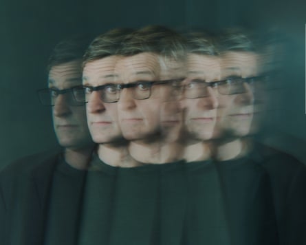 A photograph of Theroux that shows his face reflected six times