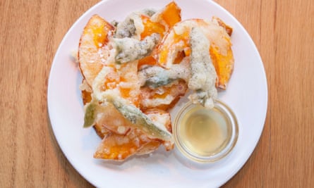 ‘Frilly overcoat of lightest batter’: fried sage and squash.