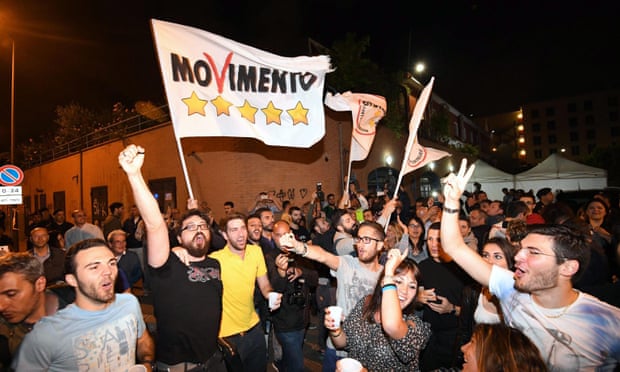 Five Star Movement supporters in Rome celebrate Raggi’s election on 20 June.