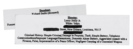 A section of a police printout with the criminal history of Leroy Stelly Jr.